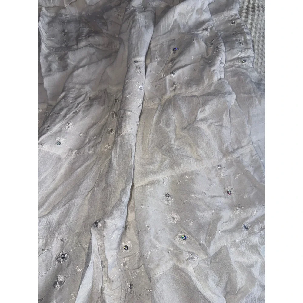 Sacred Threads White Rayon Tiered Maxi Skirt Sequin Embroidered Boho OSFM